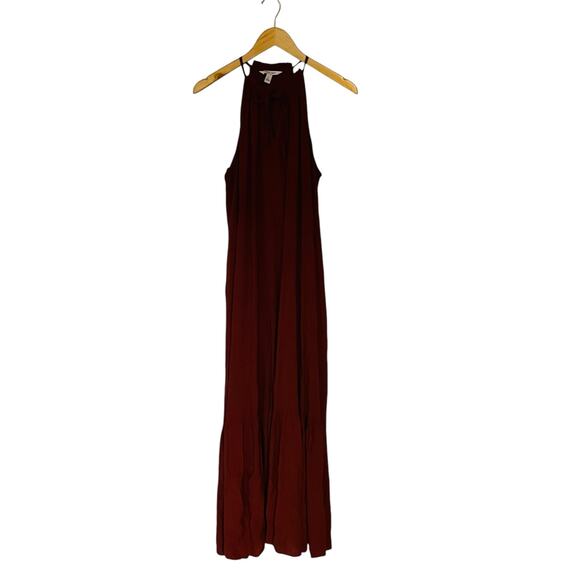 Nine West High Neck Sleeveless Tie Neck Tiered Maxi Dress Size L Large Burgundy - Picture 2 of 8